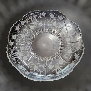 Vintage Forest‎ Damask Etched Glass Large Bowl Elegant Centerpiece Dining dish